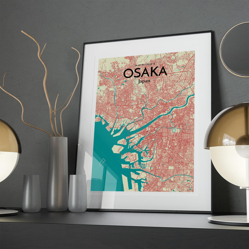 Osaka City Map In Tricolour - No Frame Print, 27.6cm H x 19.7cm W x 0.05cm D