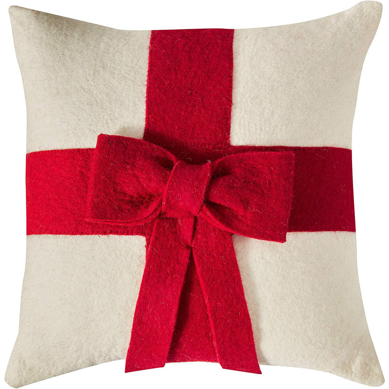 Christmas Pillow Cover in Hand Felted Wool - 20", 14" x 14", Cream/Red bow, Pillow Cover Only - No Insert