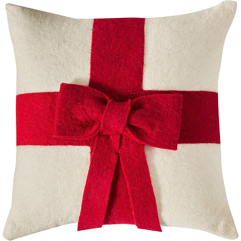 Christmas Pillow Cover in Hand Felted Wool - 20", Cream/Red bow, Pillow Cover Only - No Insert, 14" x 14"