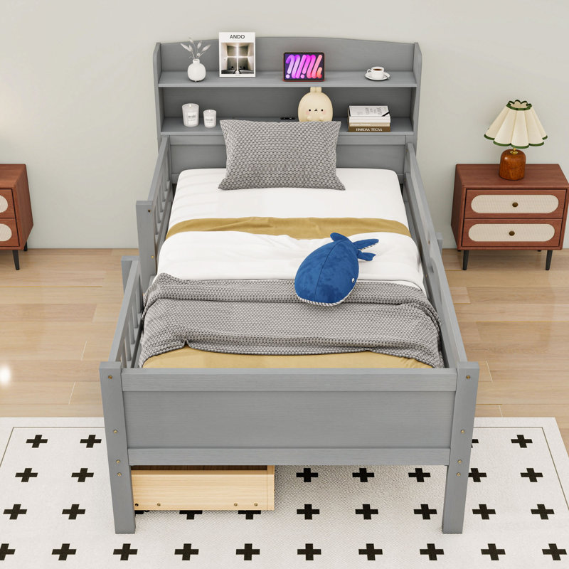Lit plateforme simple en bois avec éclairage à DEL intégré, USB et 2 tiroirs de rangement, gris
