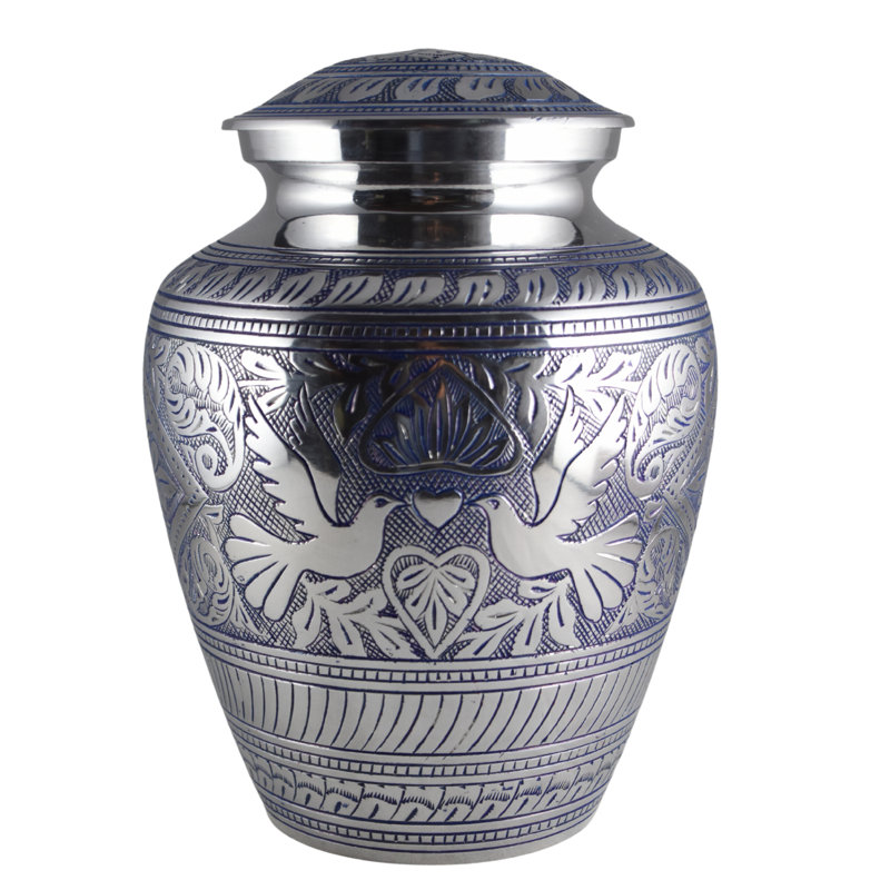 Rolly Handmade Solid  Hand-Etched Doves Urn, Silver