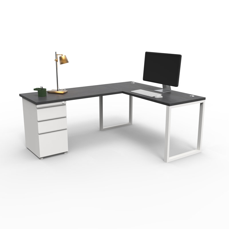 The City, Modern L-Shaped Office Desk for Office and Home, Charcoal Strand Top with White Frame, Charcoal Strand/White