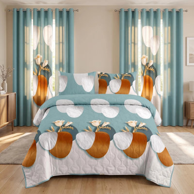 Ensemble de literie et de rideaux dans un vase à motif floral bleu sarcelle et or 9 pièces pour très grand lit (très grand) - Couvre-lit matelassé en microfibre + voilages