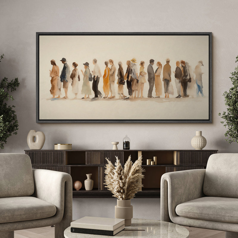 «People permanent in line», toile encadrée à l'aquarelle de personnages humains minimalistes, H 30 po x l 60 po, Noir