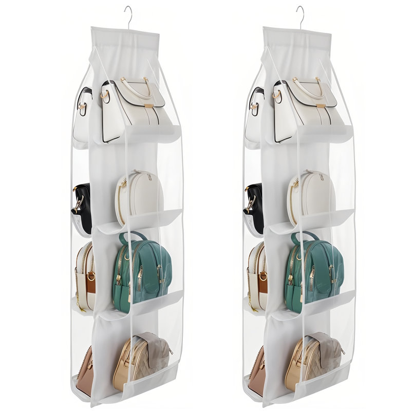 Ensemble de 2 organisateurs de sacs à main suspendus pour placard, 8 compartiments de rangement pour garde-robe peu encombrants avec crochets robustes (blanc)