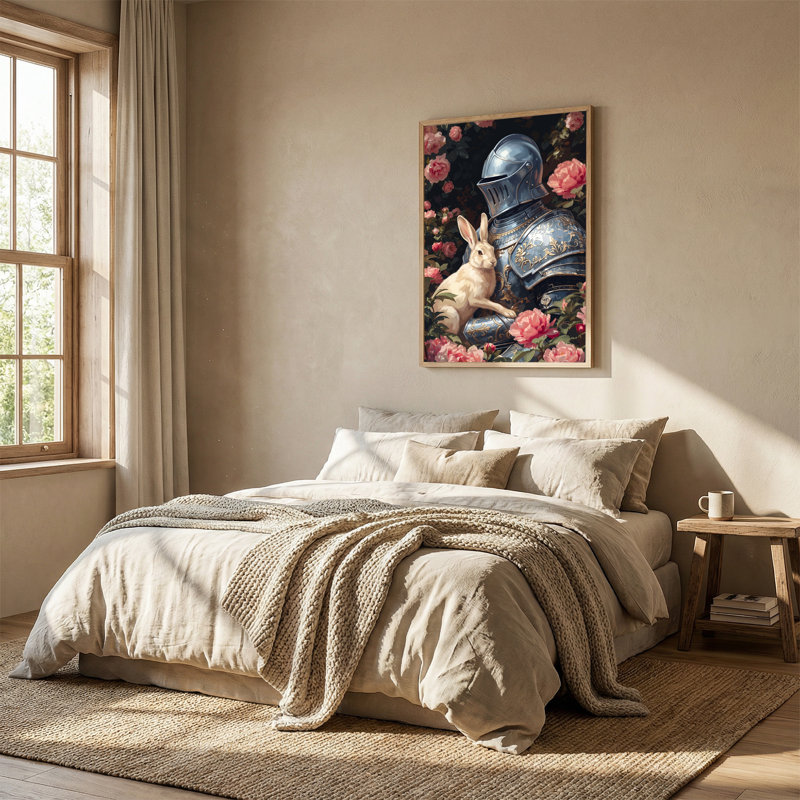 Art mural sur toile bleu avec chevalier bleu et lapin blanc, H 24 po x l 18 po