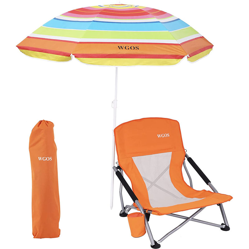 Chaises de plage pliantes avec parasol, chaise basse de plage et de camping pour adultes (paquet de 1, orange), Orange