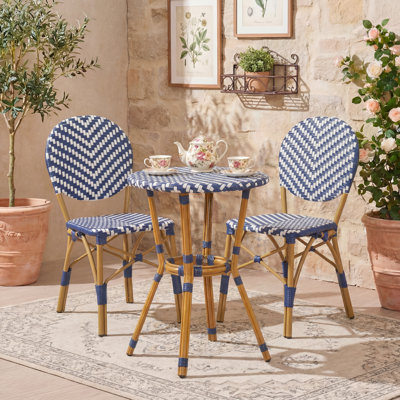 Echo Voyage French Bistro Set | Outdoor Hand-Woven Rattan Wicker Bistro Chairs with Table for Patio Porch Garden | Aluminum Frame & Bamboo Print Finis