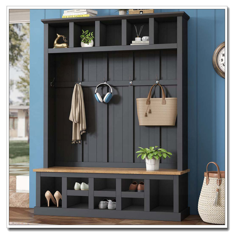 Arbre d'entrée 78 po avec banc de rangement large et armoire à chaussures avec 13 compartiments, Noir