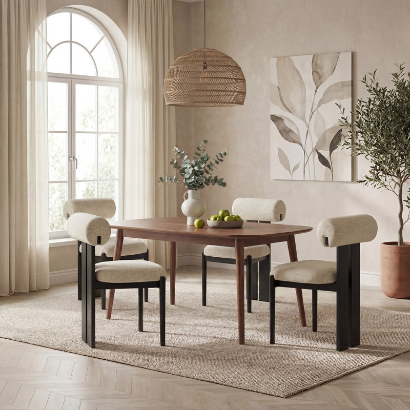 48cm H Fabric Upholstered Dining Chair in Camel, 4, Beige, Black