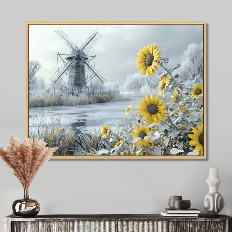 Donall Sunflowers And The Frozen Windmill - moulins à vent, art mural, H 30 po x l 40 po, Floater Framed, Natural