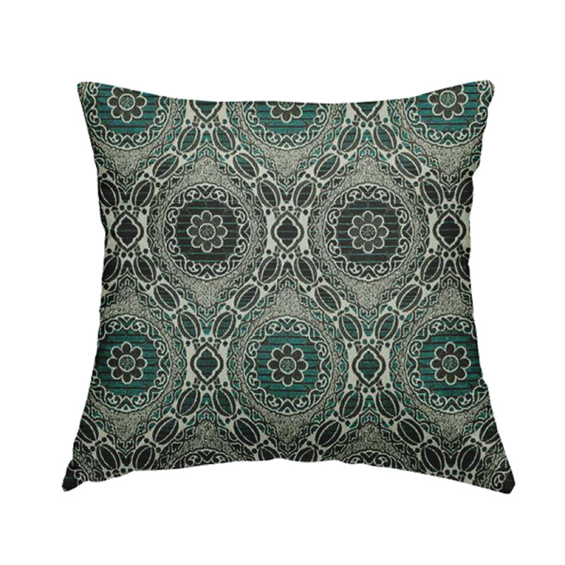 Ida Damask Rectangular Cushion, Silver/Black/Teal