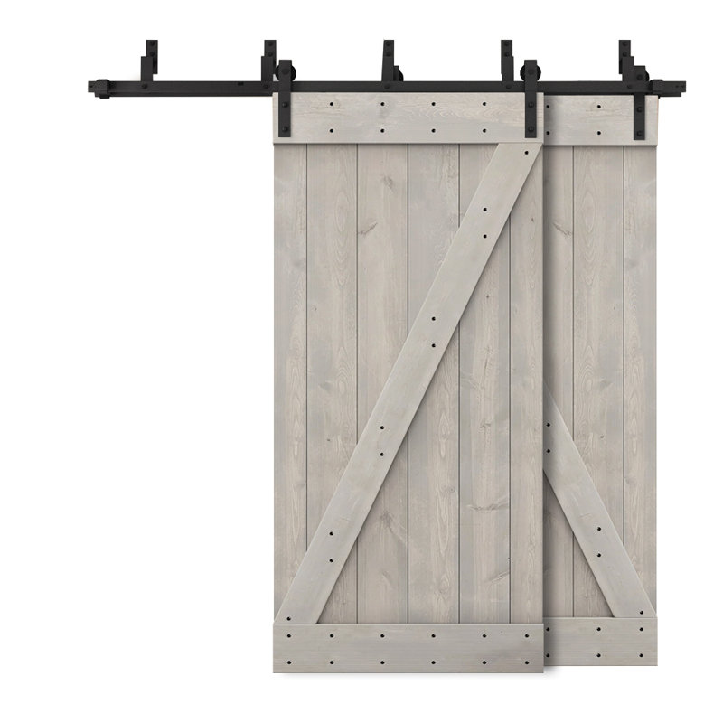 Porte de grange à panneaux et en bois avec quincaillerie d'installation, 52 po x 84 po, Gris argenté