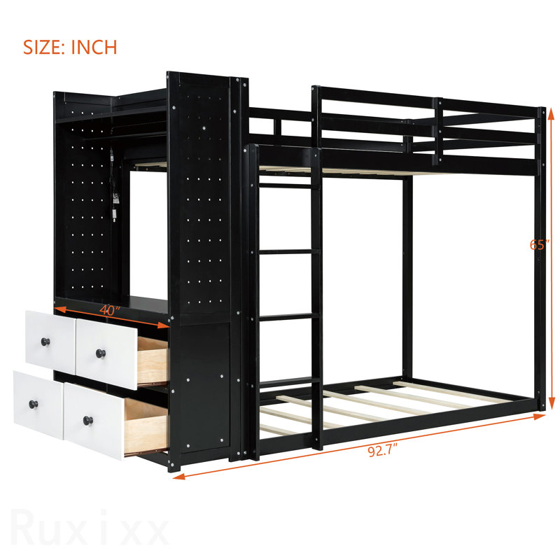 Lit simple superposé simple avec 4 tiroirs de rangement, rail suspendu, bande lumineuse et tablettes intégrées et 2 panneaux perforés, noir, 3 couleurs disponibles