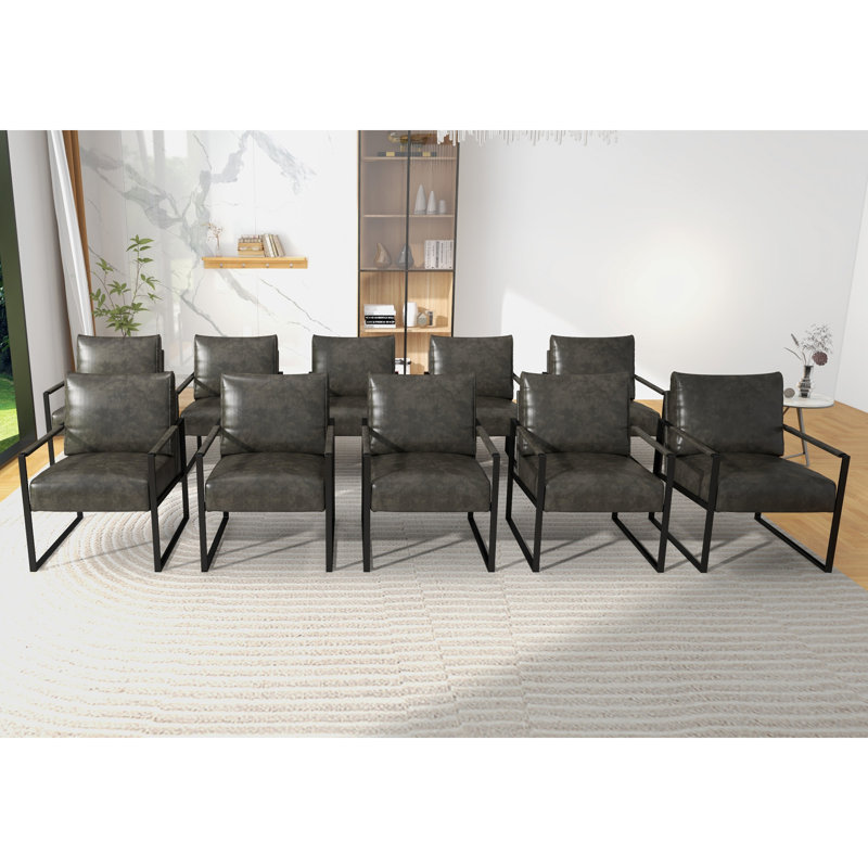 24.6" Wide Minimalist Soft Cushioned Back Upholstered Sled Base Arm Accent Chair (Set of 10), Dark Gray Faux Leather