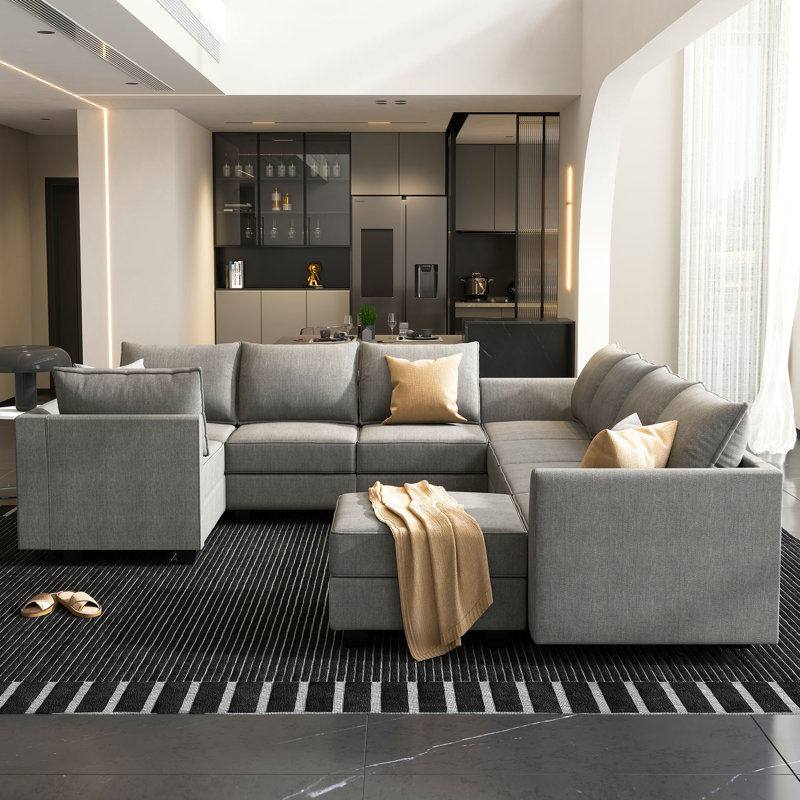Modular U-Shaped Sectional with Storage , Gray Polyester