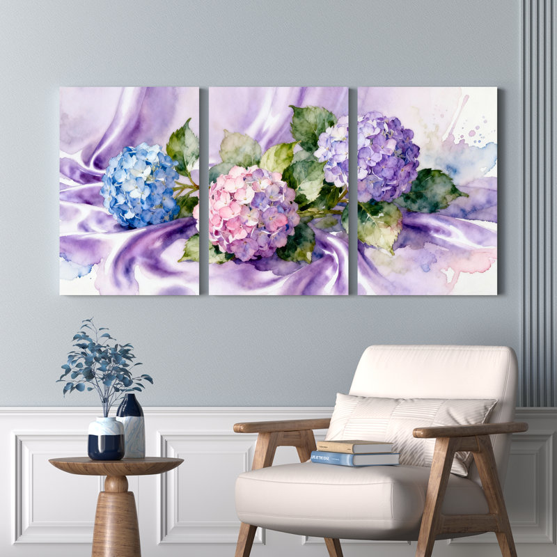 «Hydrangea», impression sur toile tendue à l'aquarelle sur toile, ensemble de 3, H 18 po x l 36 po
