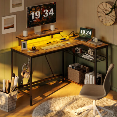 Nedyo 48" L-Shaped Computer Desk with Power Outlet, LED Gaming Work Desk with Monitor Stand