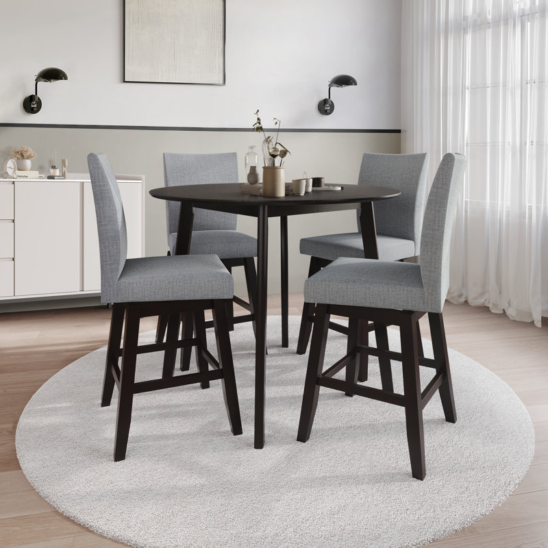 5-Piece Counter-Height Round Dining Set with Cushioned Linen Chairs, Grey, Grey