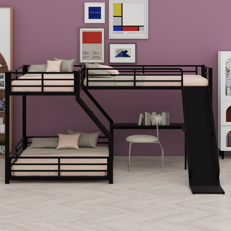 L-Shaped Bunk Bed With Loft Bed, Metal Triple Bunk Bed With Slide And USB Ports, Twin XL Over Queen