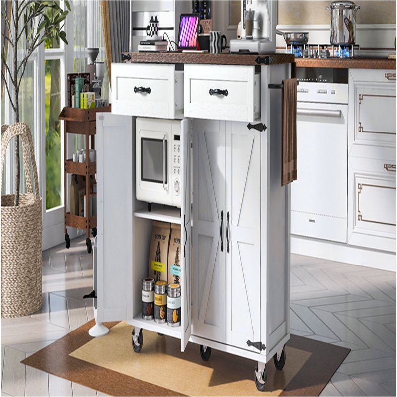53.5''Farmhouse Kitchen Island With Power Outlet, Kitchen Storage Island With Drop Leaf, Spice Rack And Drawer, Rolling Kitchen Cart On Wheels, For Home, Kitchen And Dining Room