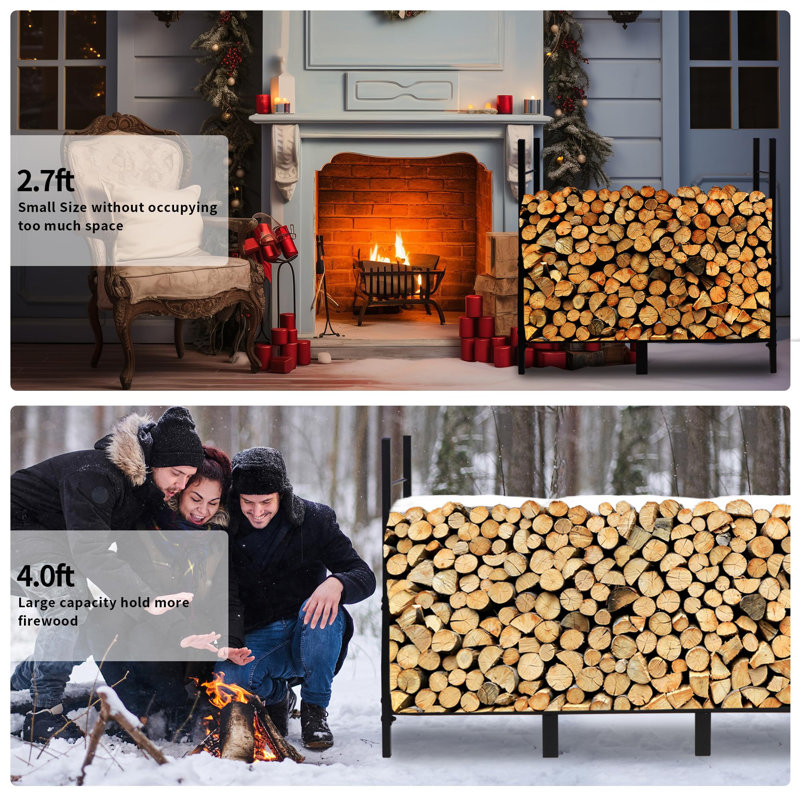 Black Heavy Duty Wrought Iron 4ft Firewood Log Rack with Cover