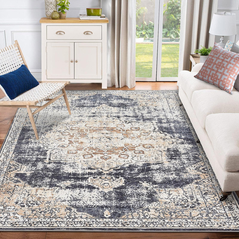 Tapis beige antidérapant à motif de médaillon rétro pour salon, salle à manger, bureau, bleu beige