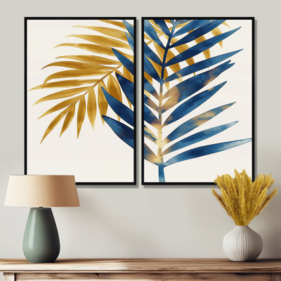2 feuilles de palmier bleues et dorées - impressions sur toile traditionnelles bleues, 2 pièces