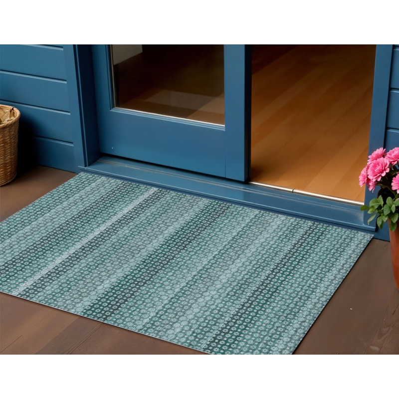 3' X 5' Teal Blue And Aqua Striped Washable Indoor Outdoor Area Rug