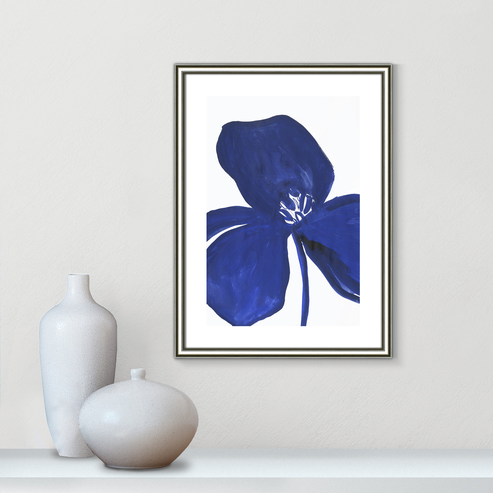 Clarisse "Indigo Petal II" Painting, 24.25" H x 18.25" W x 0.88" D, Silver Framed Paper