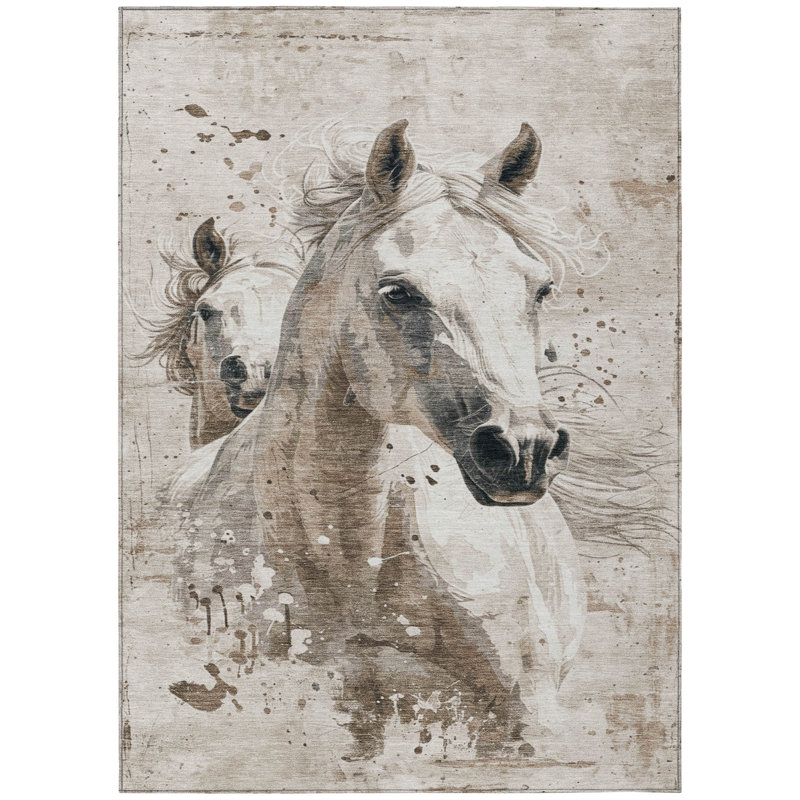 Ivory and Brown Horse Design Washable Synthetic Rug
