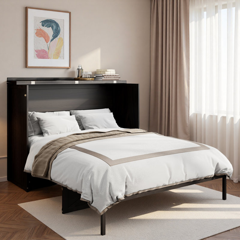 Grand lit escamotable avec grands tiroirs et chargement USB - Lit escamotable mural avec rangement, espresso brossé, Espresso
