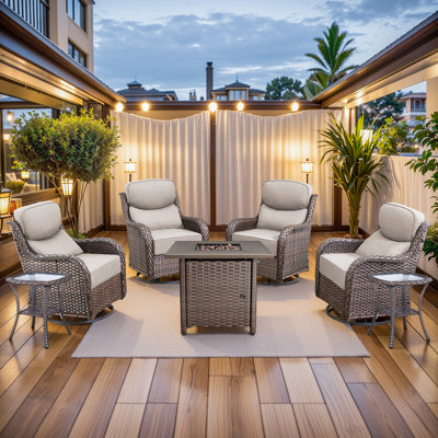 Ensemble de meubles de patio en résine tressée avec foyer, table pivotante en rotin de polyéthylène avec table de foyer au propane, ensemble de conversation en osier brun 7 pièces