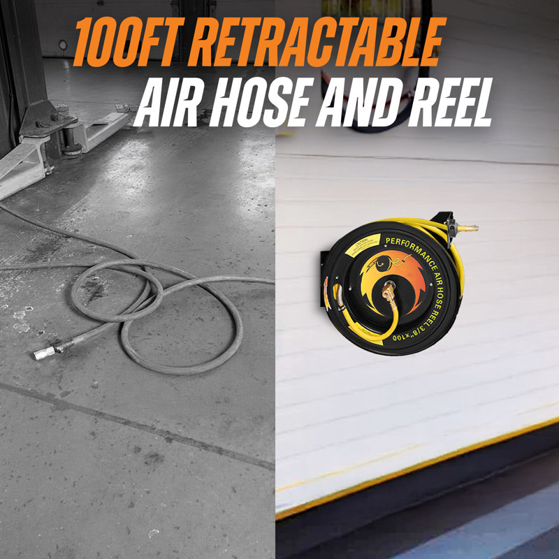 Pentagon Tools Heavy Duty Retractable 100-Foot Air Compressor Hose and Reel