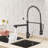 Pull Down Kitchen Faucet, Single Lever, Matte Black Surface, For Contemporary Kitchens Dual Settings, Black+Silver, 360-Degree Swivel