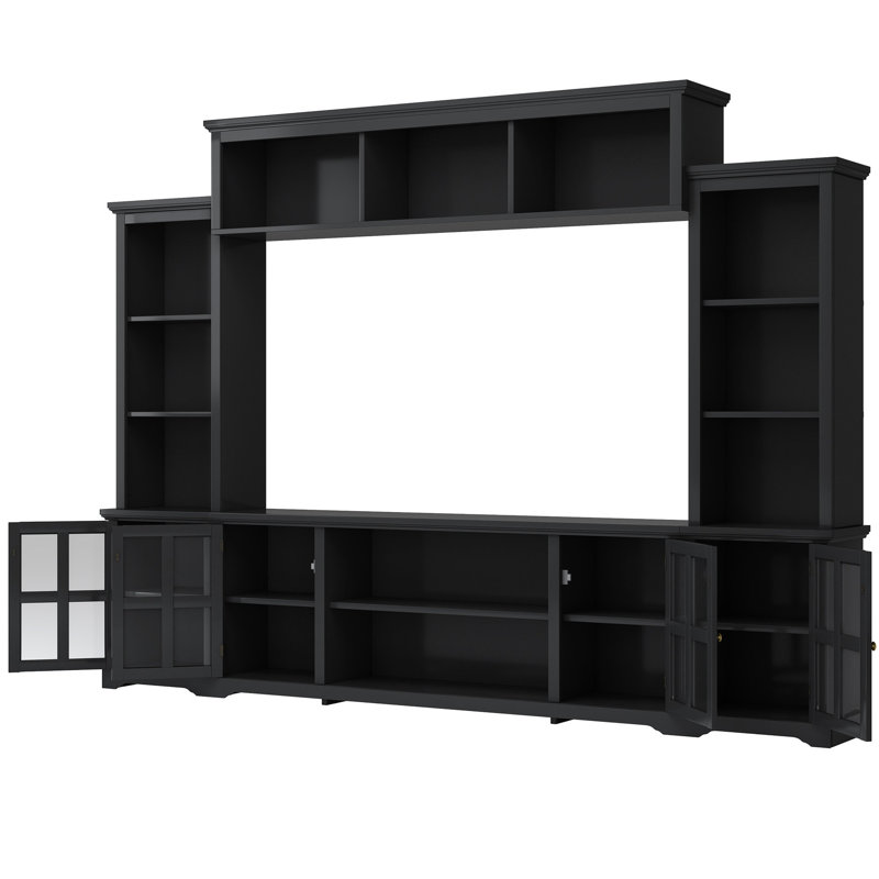 Console de 70 po avec pont et porte en verre trempé, unité de divertissement noire de style minimaliste, meuble de rangement multifonctionnel moderne pour téléviseur, mur