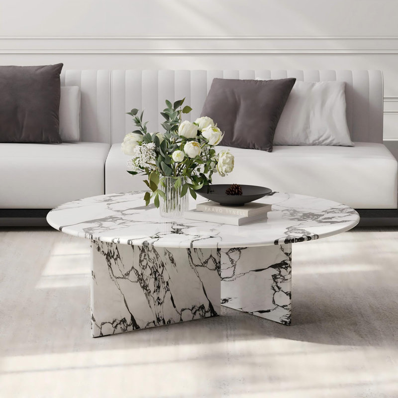 Table basse ronde en marbre 36 po, table basse blanche moderne avec deux pieds uniques