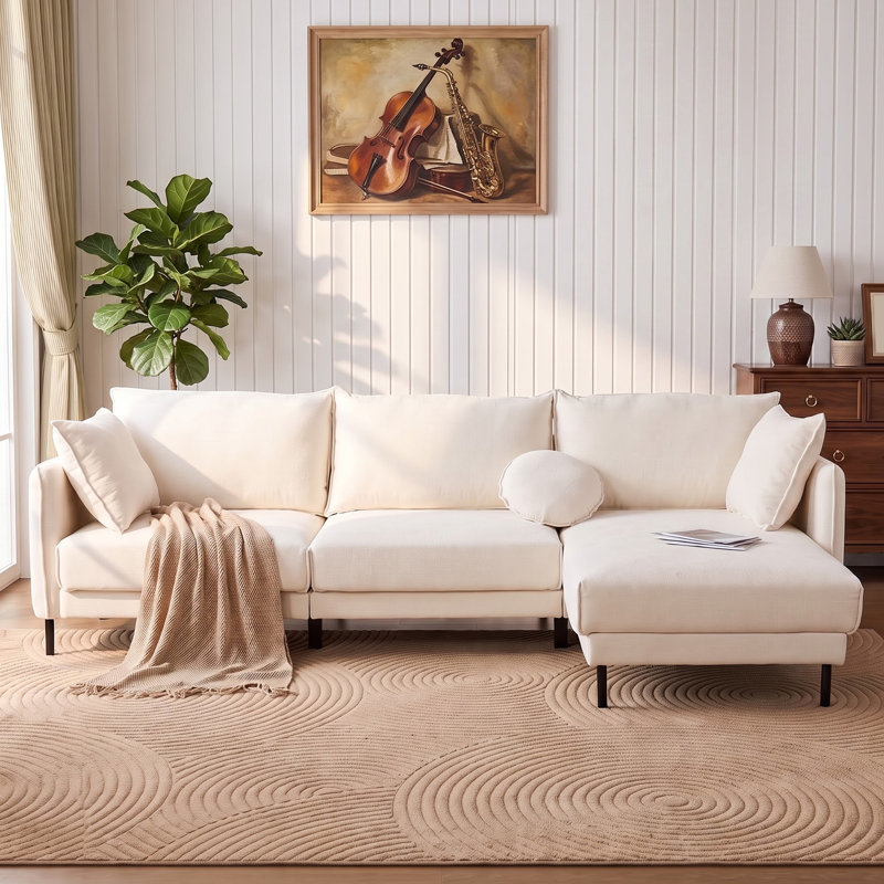 Canapé modulaire en L 115 po avec 4 repose-pieds modulaire en mélange de lin 115 po, Cream Linen Blend