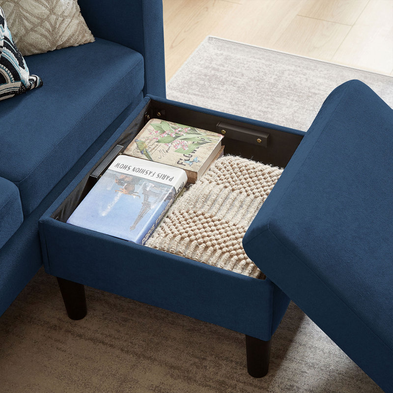 79.14" L Shaped Sofa with Storage Pockets and Reversable Storage Ottoman, Blue