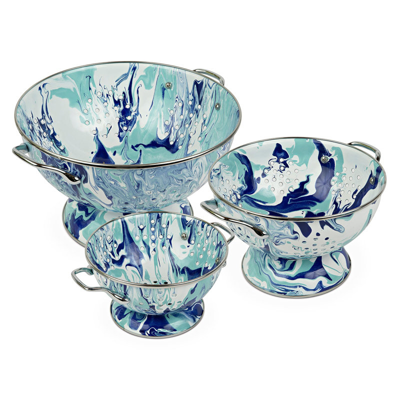 Lagoon Blue and White Porcelain Enamel Colanders Set