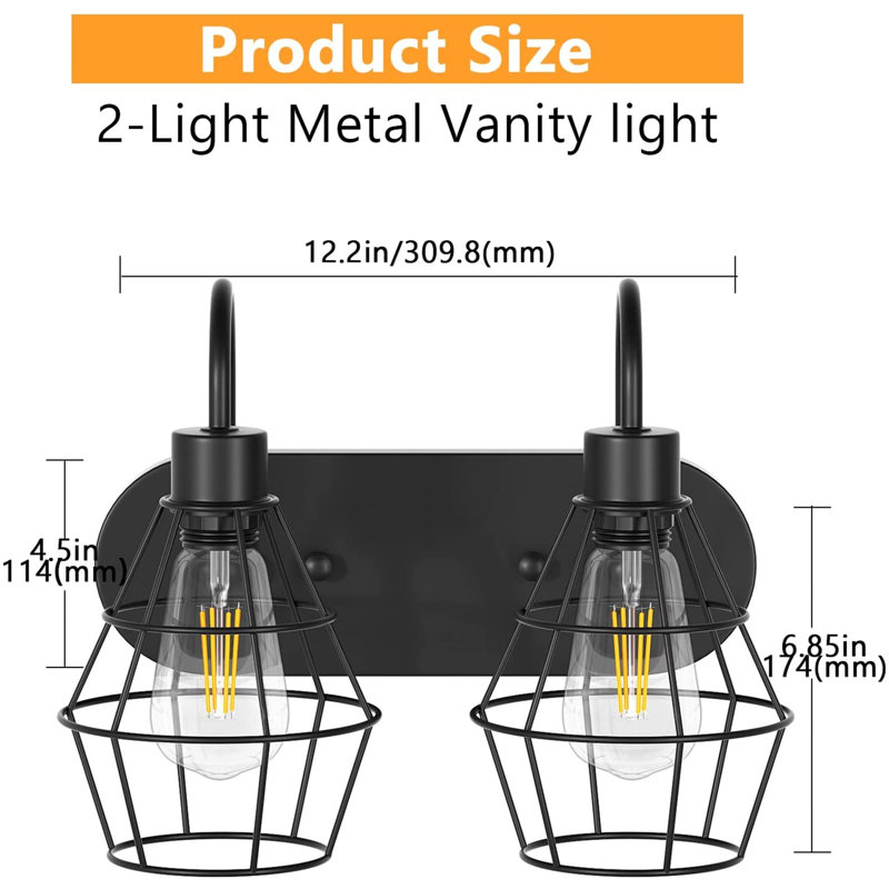 Black Metal Cage 2-Light Dimmable Vanity Fixture