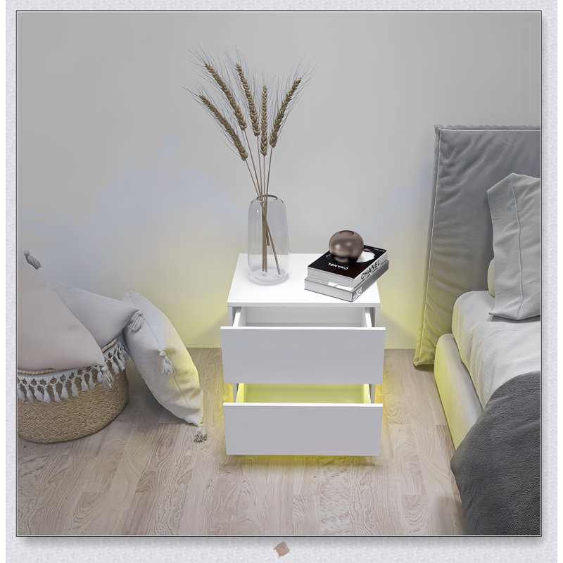 High Glossy 2-Drawer Nightstand with RGB LED Light and Bluetooth Control, Perfect for Modern Bedrooms and Enhanced Convenience.