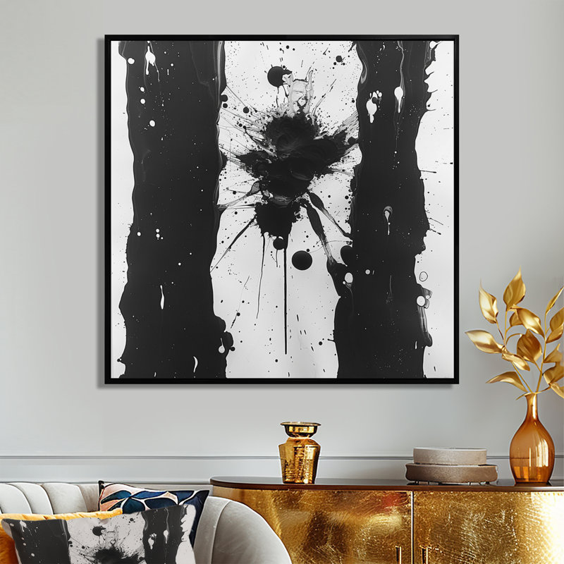 Sudden Chaos Black White Minimal Spatter - Art mural abstrait à l'encre liquide, Toile avec cadre flottant noir