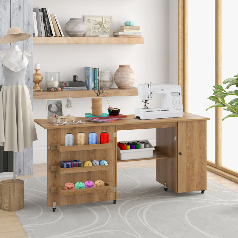 158cm x 50cm Foldable Sewing Table with Sewing Machine Platform and Wheels, Natural Wood
