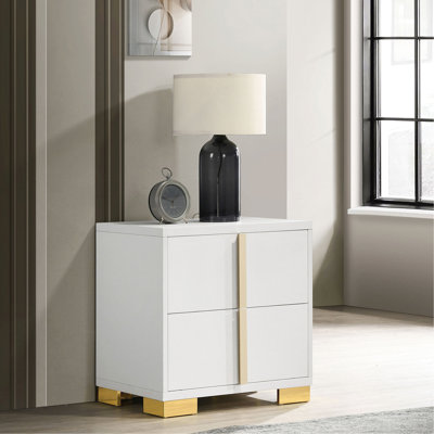 2 tables de chevet blanches, fabrication en bois d'ingénierie, accents en métal doré, tiroirs anglais, table de chevet de 21,74 pouces de hauteur pour la chambre à coucher, conception géométrique, finition métallique, hauteur de fonctionnement en douceur