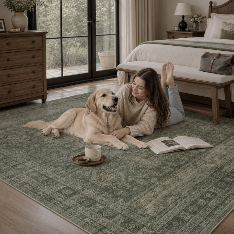 Tapis oriental délavé lavable antidérapant vert / gris, Green, Rectangle 9 pi x 12 pi