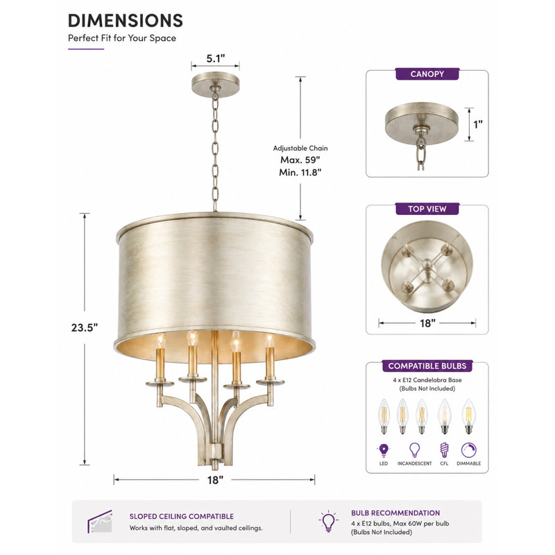 Lustre tambour à 4 lumières Kint, Feuille d’argent collée