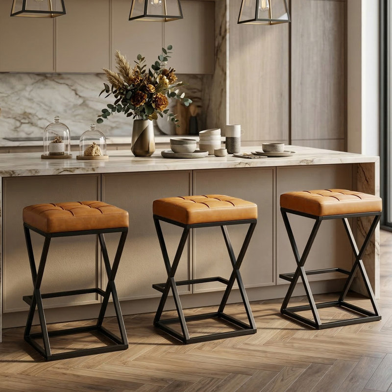 Mid-century 26" Upholstered Counter Height Bar Stools Backless Industrial Barstool, Brown, 3
