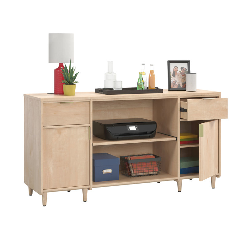 Finition érable pour compléter le décor de diverses pièces de la maison, deux tiroirs, tablettes réglables, gestion des câbles intégrée, assemblage facile avec la maison et l'espace de travail bien rangé, grande surface, glissement solide
