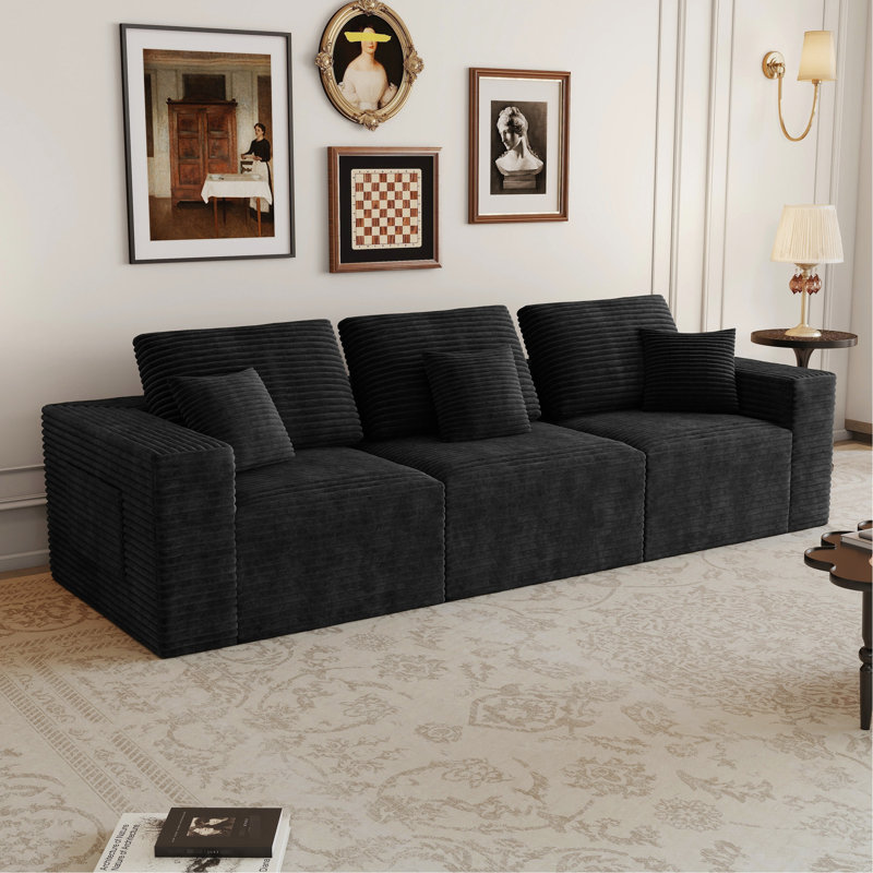 Canapé modulaire à 3 places avec velours côtelé 106,30 * 35,43 po noir, sans assemblage, convient aux espaces de chambre à coucher et d'appartements